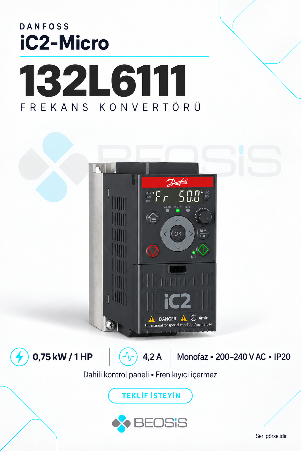 Danfoss 132L6111 iC2-Micro 0,75 kW Monofaz 200–240 V IP20 Dahili Panelli Motor Hız Kontrol Cihazı