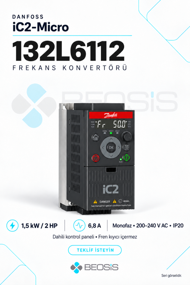 Danfoss 132L6112 iC2-Micro 1,5 kW Monofaz 200–240 V IP20 Dahili Panelli Motor Hız Kontrol Cihazı