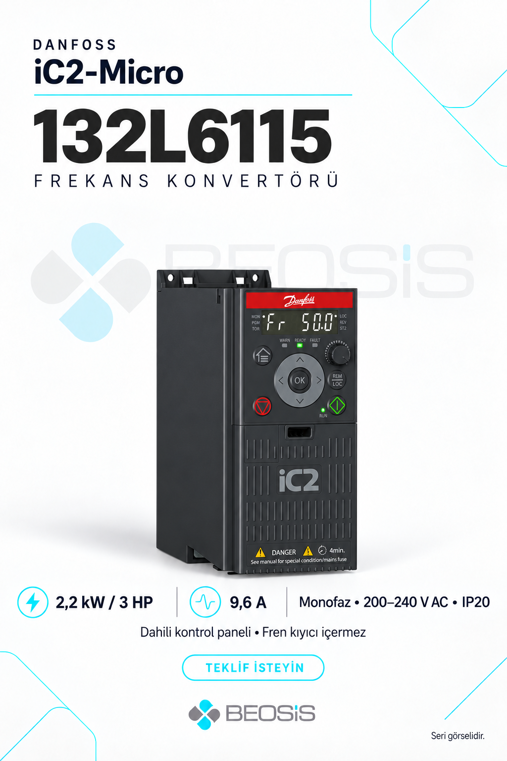 Danfoss 132L6115 iC2-Micro 2,2 kW Monofaz 200–240 V IP20 Dahili Panelli Motor Hız Kontrol Cihazı