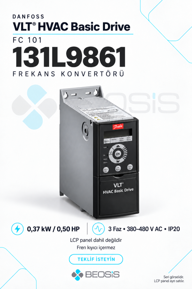 Danfoss 131L9861 VLT HVAC Basic Drive FC 101 0,37 kW 380–480 V IP20 Motor Hız Kontrol Cihazı – Panelsiz
