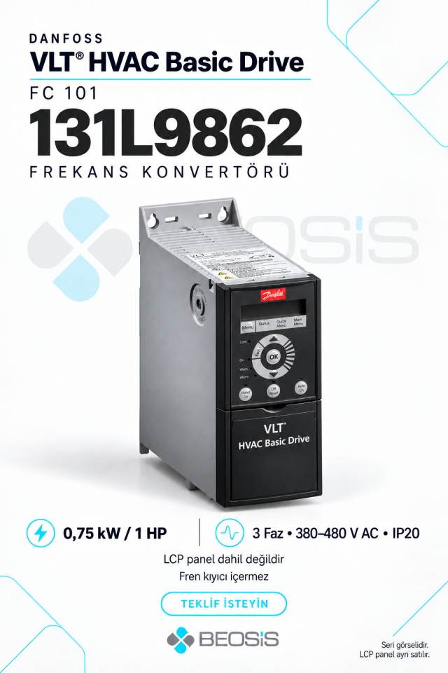 Danfoss 131L9862 VLT HVAC Basic Drive FC 101 0,75 kW 380–480 V IP20 Motor Hız Kontrol Cihazı – Panelsiz