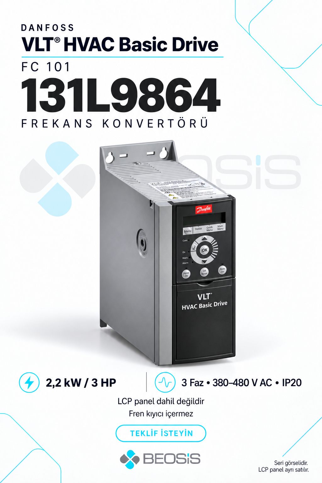 Danfoss 131L9864 VLT HVAC Basic Drive FC 101 2,2 kW 380–480 V IP20 Motor Hız Kontrol Cihazı – Panelsiz
