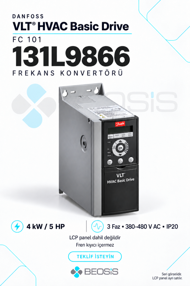 Danfoss 131L9866 VLT HVAC Basic Drive FC 101 4 kW 380–480 V IP20 Motor Hız Kontrol Cihazı – Panelsiz