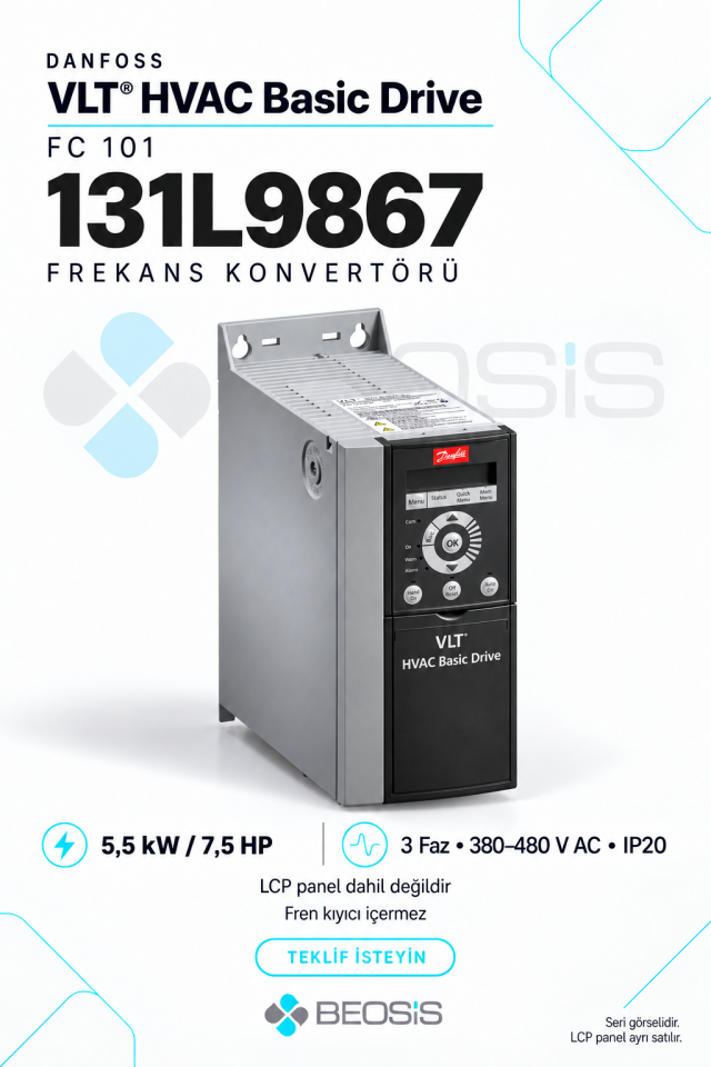 Danfoss 131L9867 VLT HVAC Basic Drive FC 101 5,5 kW 380–480 V IP20 Motor Hız Kontrol Cihazı – Panelsiz