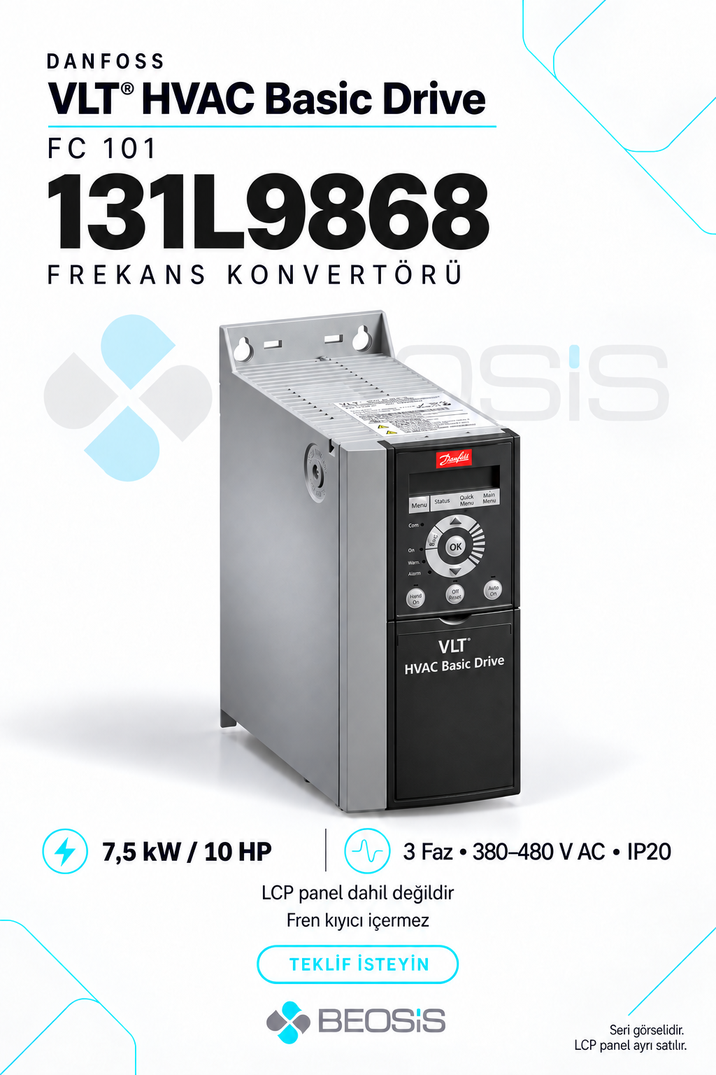 Danfoss 131L9868 VLT HVAC Basic Drive FC 101 7,5 kW 380–480 V IP20 Motor Hız Kontrol Cihazı – Panelsiz