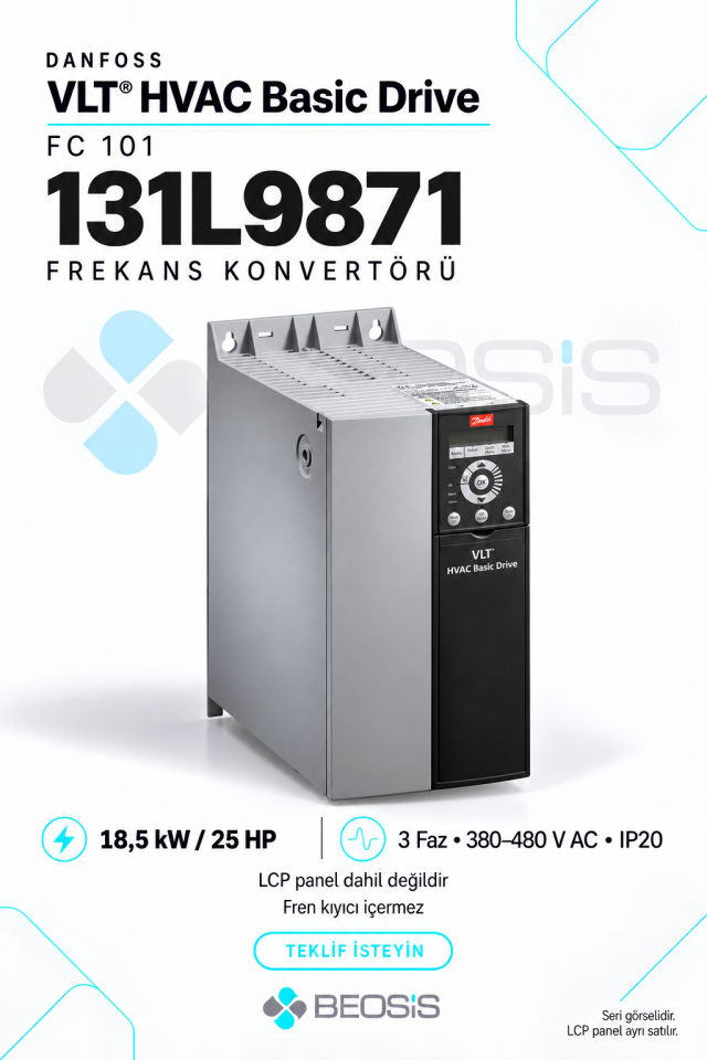 Danfoss 131L9871 VLT HVAC Basic Drive FC 101 18,5 kW 380–480 V IP20 Motor Hız Kontrol Cihazı – Panelsiz