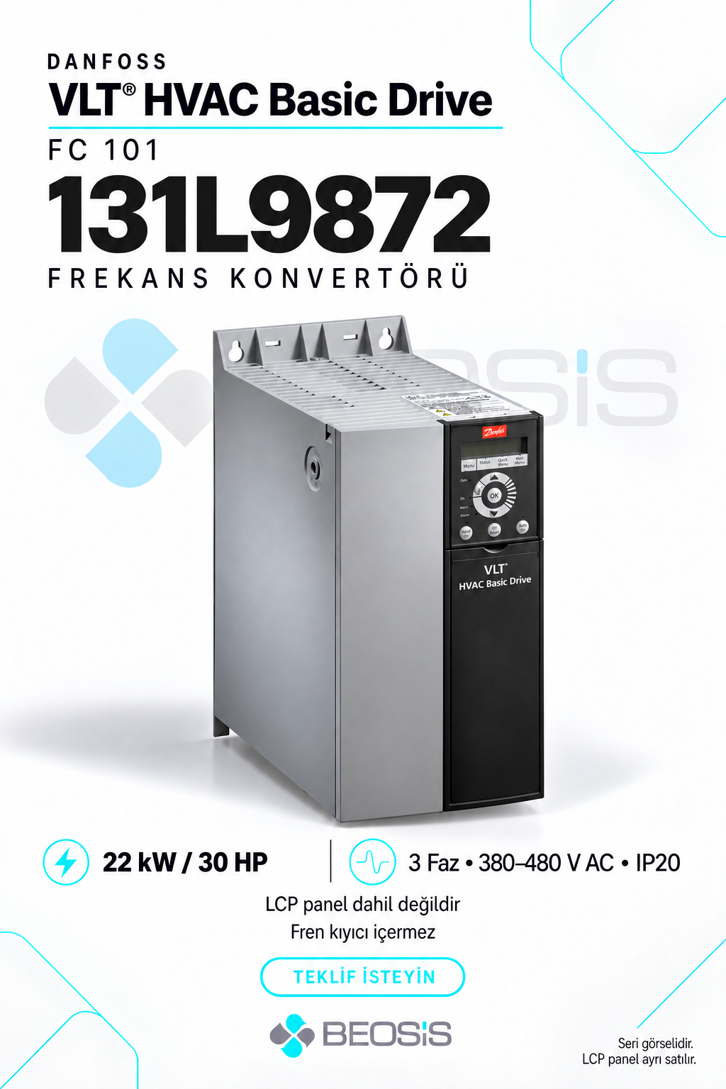 Danfoss 131L9872 VLT HVAC Basic Drive FC 101 22 kW 380–480 V IP20 Motor Hız Kontrol Cihazı – Panelsiz