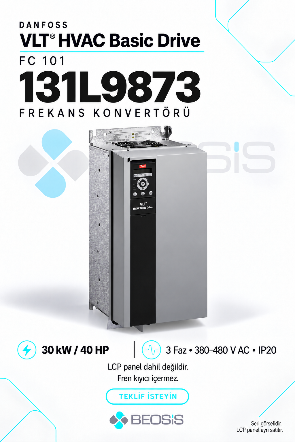 Danfoss 131L9873 VLT HVAC Basic Drive FC 101 30 kW 380–480 V IP20 Motor Hız Kontrol Cihazı – Panelsiz