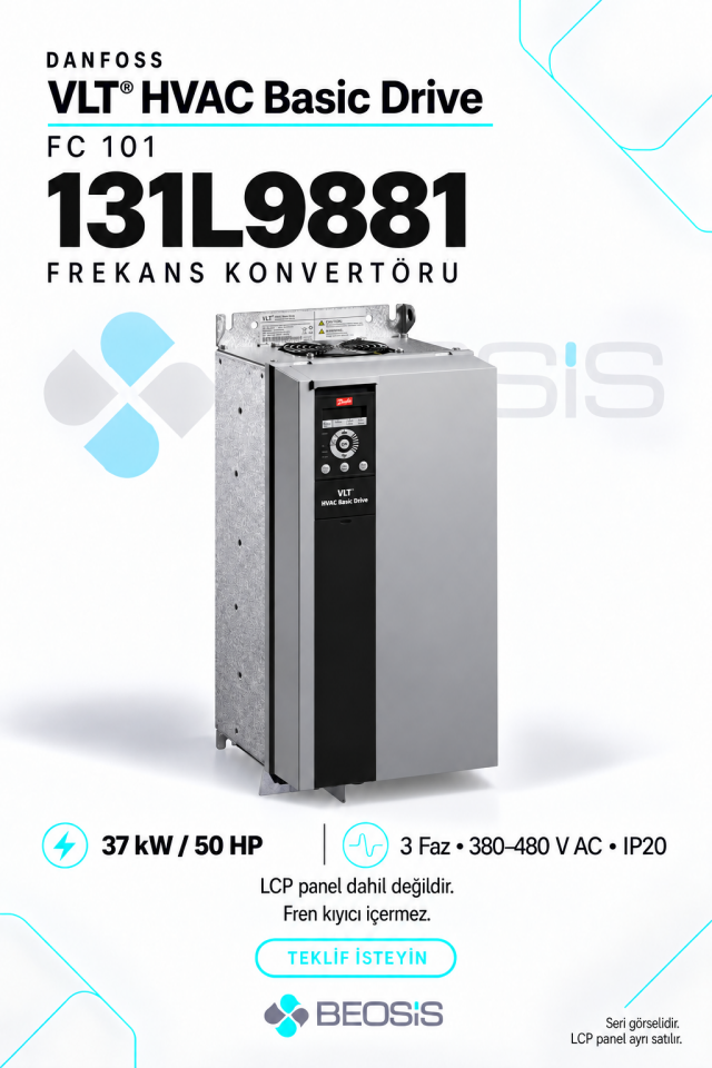 Danfoss 131L9881 VLT HVAC Basic Drive FC 101 37 kW 380–480 V IP20 Motor Hız Kontrol Cihazı – Panelsiz