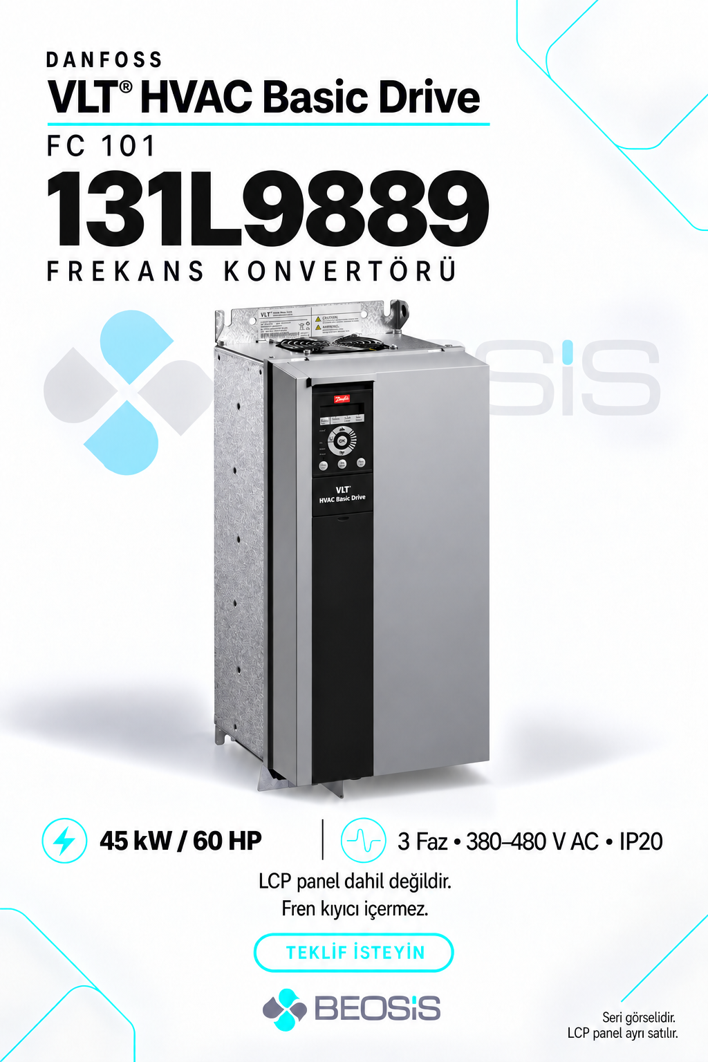 Danfoss 131L9889 VLT HVAC Basic Drive FC 101 45 kW 380–480 V IP20 Motor Hız Kontrol Cihazı – Panelsiz