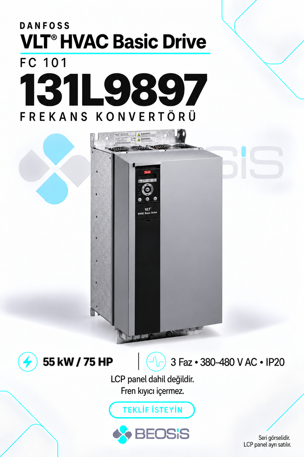 Danfoss 131L9897 VLT HVAC Basic Drive FC 101 55 kW 380–480 V IP20 Motor Hız Kontrol Cihazı – Panelsiz