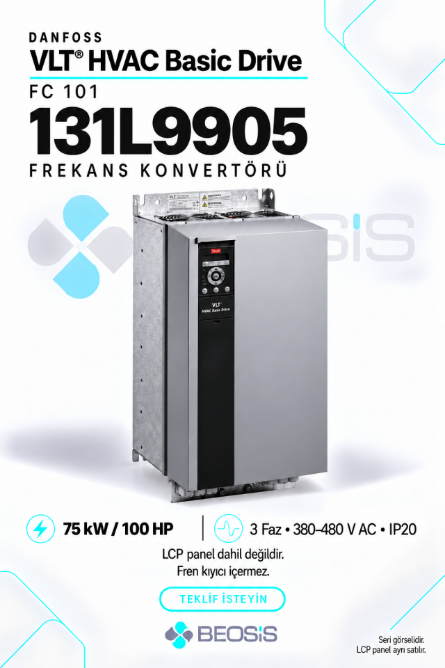 Danfoss 131L9905 VLT HVAC Basic Drive FC 101 75 kW 380–480 V IP20 Motor Hız Kontrol Cihazı – Panelsiz