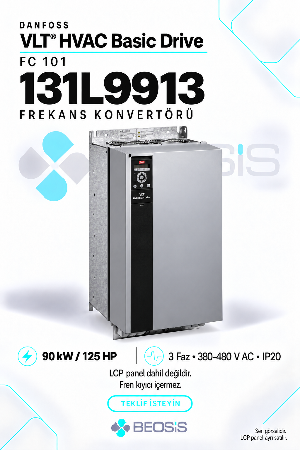 Danfoss 131L9913 VLT HVAC Basic Drive FC 101 90 kW 380–480 V IP20 Motor Hız Kontrol Cihazı – Panelsiz