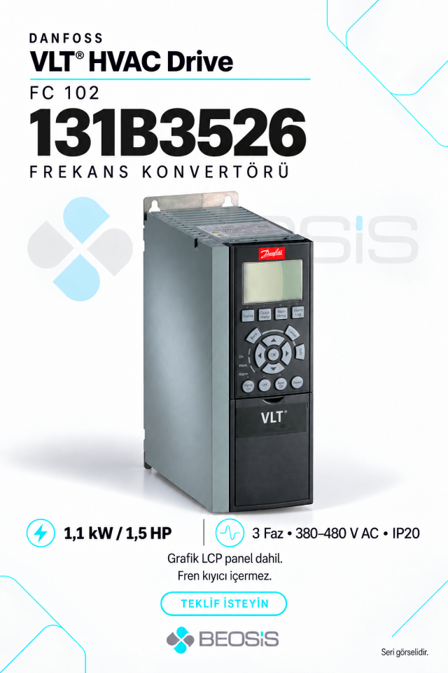 Danfoss 131B3526 VLT HVAC Drive FC 102 1,1 kW 380–480 V IP20 Grafik Panelli Motor Hız Kontrol Cihazı