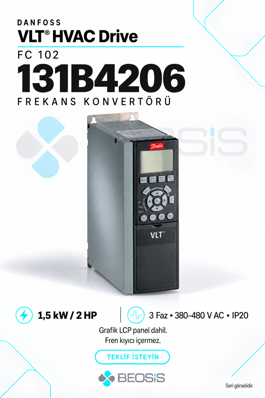 Danfoss 131B4206 VLT HVAC Drive FC 102 1,5 kW 380–480 V IP20 Grafik Panelli Motor Hız Kontrol Cihazı