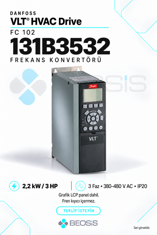 Danfoss 131B3532 VLT HVAC Drive FC 102 2,2 kW 380–480 V IP20 Grafik Panelli Motor Hız Kontrol Cihazı