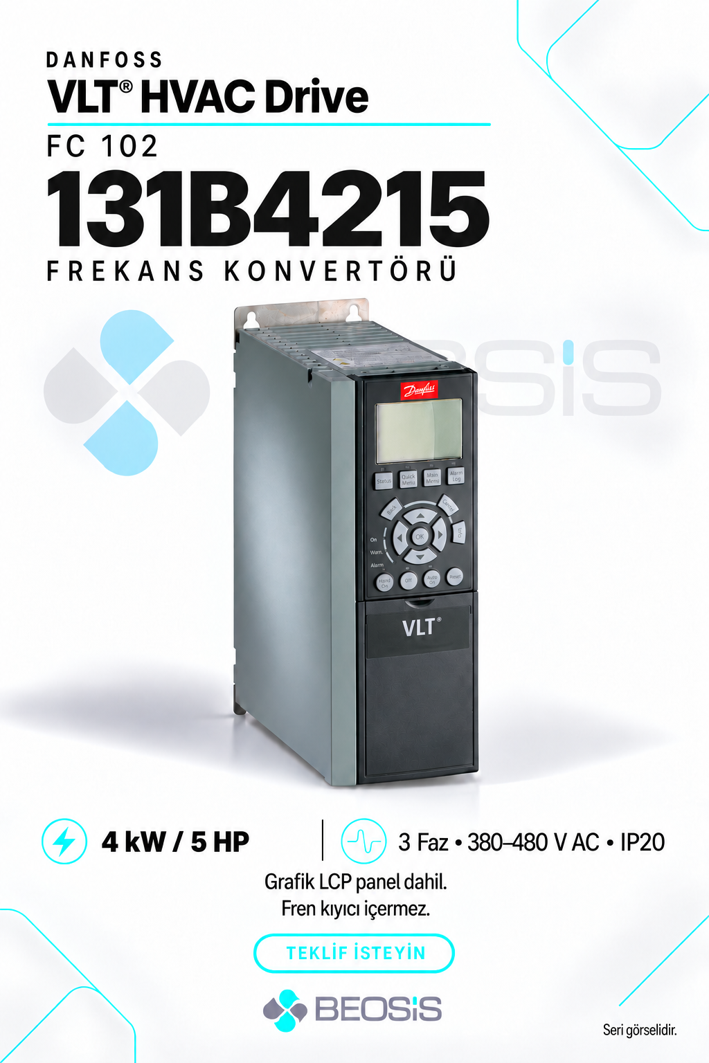 Danfoss 131B4215 VLT HVAC Drive FC 102 4 kW 380–480 V IP20 Grafik Panelli Motor Hız Kontrol Cihazı