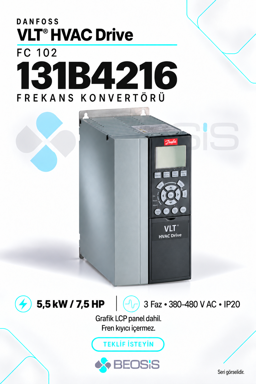 Danfoss 131B4216 VLT HVAC Drive FC 102 5,5 kW 380–480 V IP20 Grafik Panelli Motor Hız Kontrol Cihazı