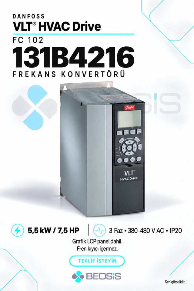 Danfoss 131B4216 VLT HVAC Drive FC 102 5,5 kW 380–480 V IP20 Grafik Panelli Motor Hız Kontrol Cihazı