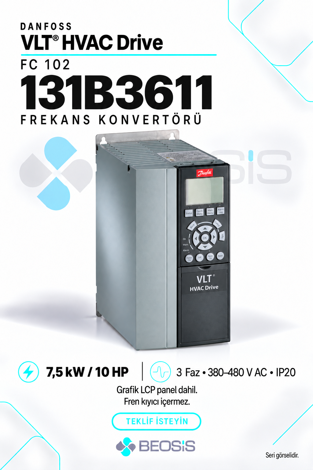 Danfoss 131B3611 VLT HVAC Drive FC 102 7,5 kW 380–480 V IP20 Grafik Panelli Motor Hız Kontrol Cihazı