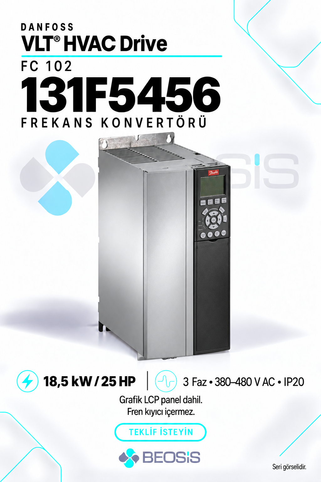 Danfoss 131F5456 VLT HVAC Drive FC 102 18,5 kW 380–480 V IP20 Grafik Panelli Motor Hız Kontrol Cihazı