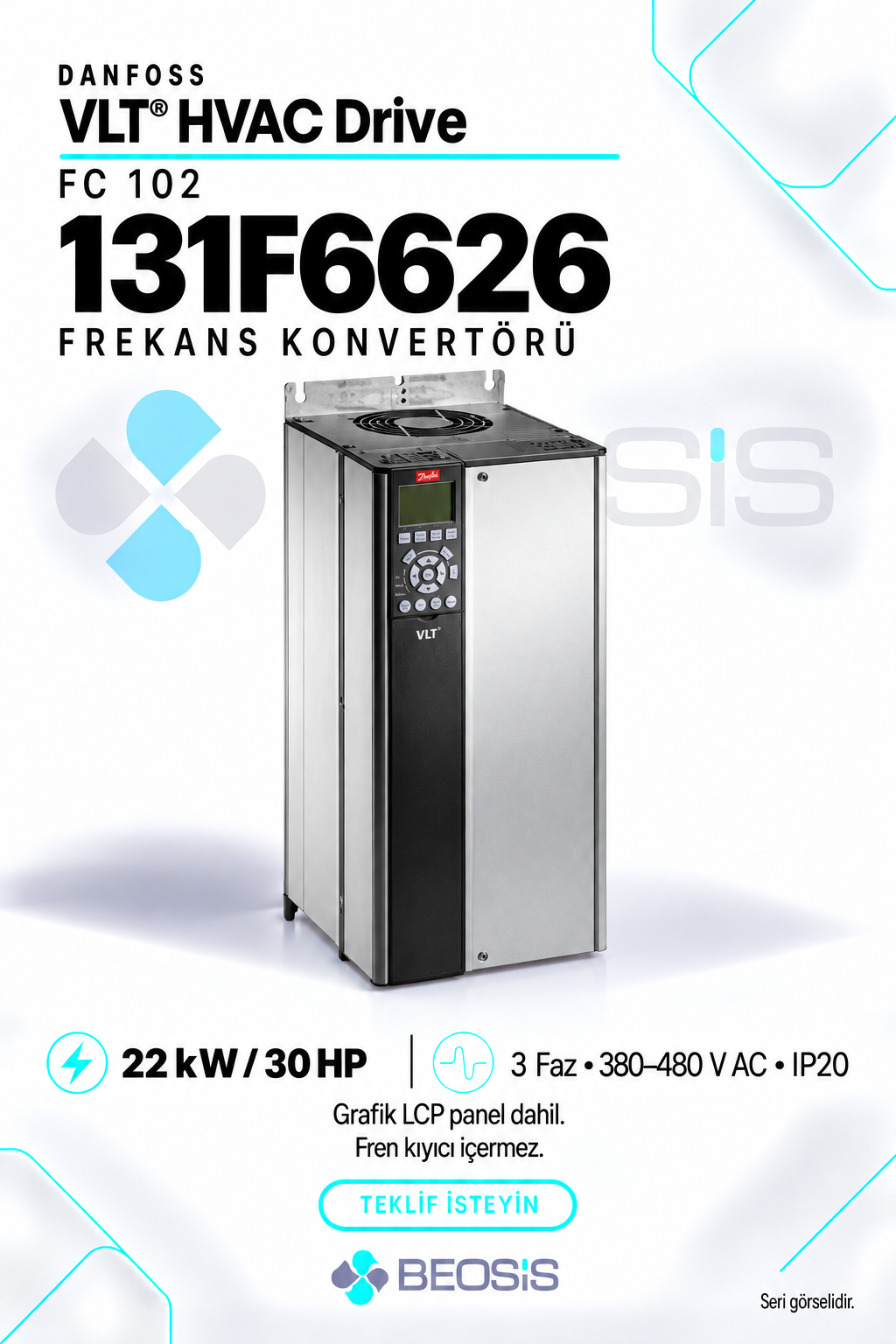 Danfoss 131F6626 VLT HVAC Drive FC 102 22 kW 380–480 V IP20 Grafik Panelli Motor Hız Kontrol Cihazı