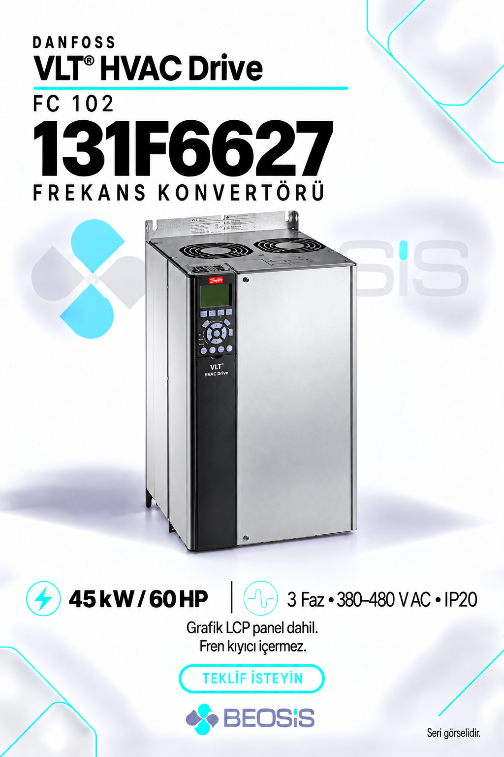 Danfoss 131F6627 VLT HVAC Drive FC 102 45 kW 380–480 V IP20 Grafik Panelli Motor Hız Kontrol Cihazı