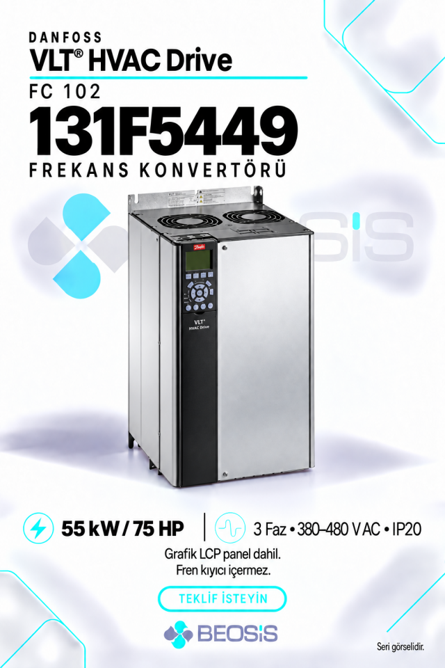 Danfoss 131F5449 VLT HVAC Drive FC 102 55 kW 380–480 V IP20 Grafik Panelli Motor Hız Kontrol Cihazı