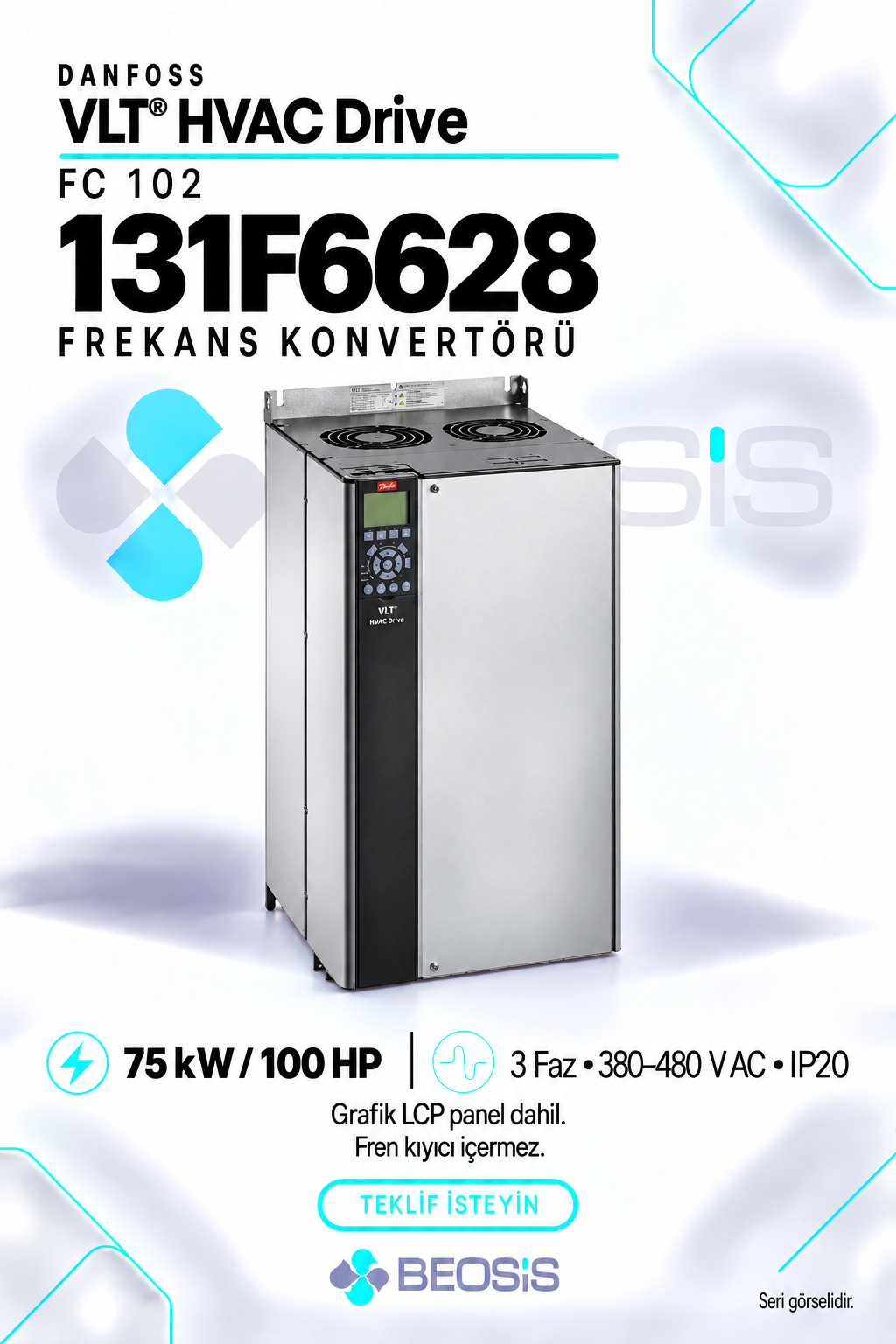 Danfoss 131F6628 VLT HVAC Drive FC 102 75 kW 380–480 V IP20 Grafik Panelli Motor Hız Kontrol Cihazı