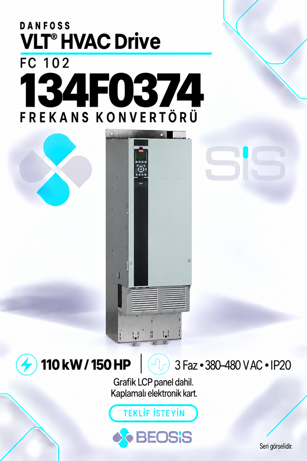 Danfoss 134F0374 VLT HVAC Drive FC 102 110 kW 380–480 V IP20 Grafik Panelli Motor Hız Kontrol Cihazı