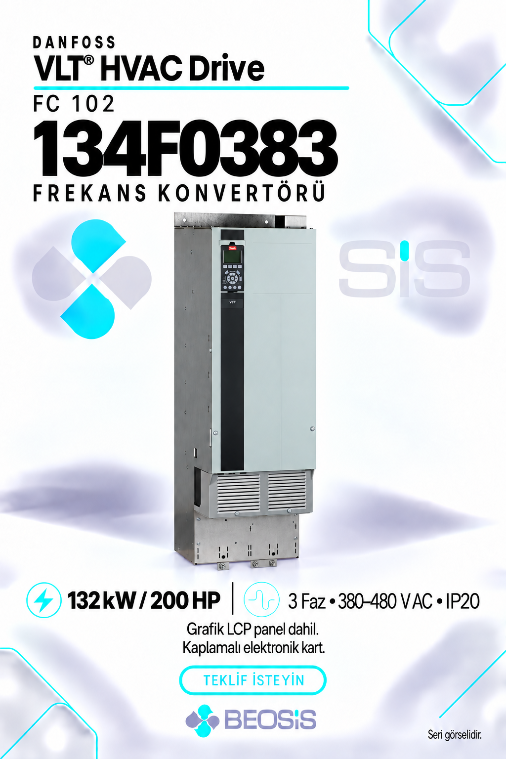 Danfoss 134F0383 VLT HVAC Drive FC 102 132 kW 380–480 V IP20 Grafik Panelli Motor Hız Kontrol Cihazı