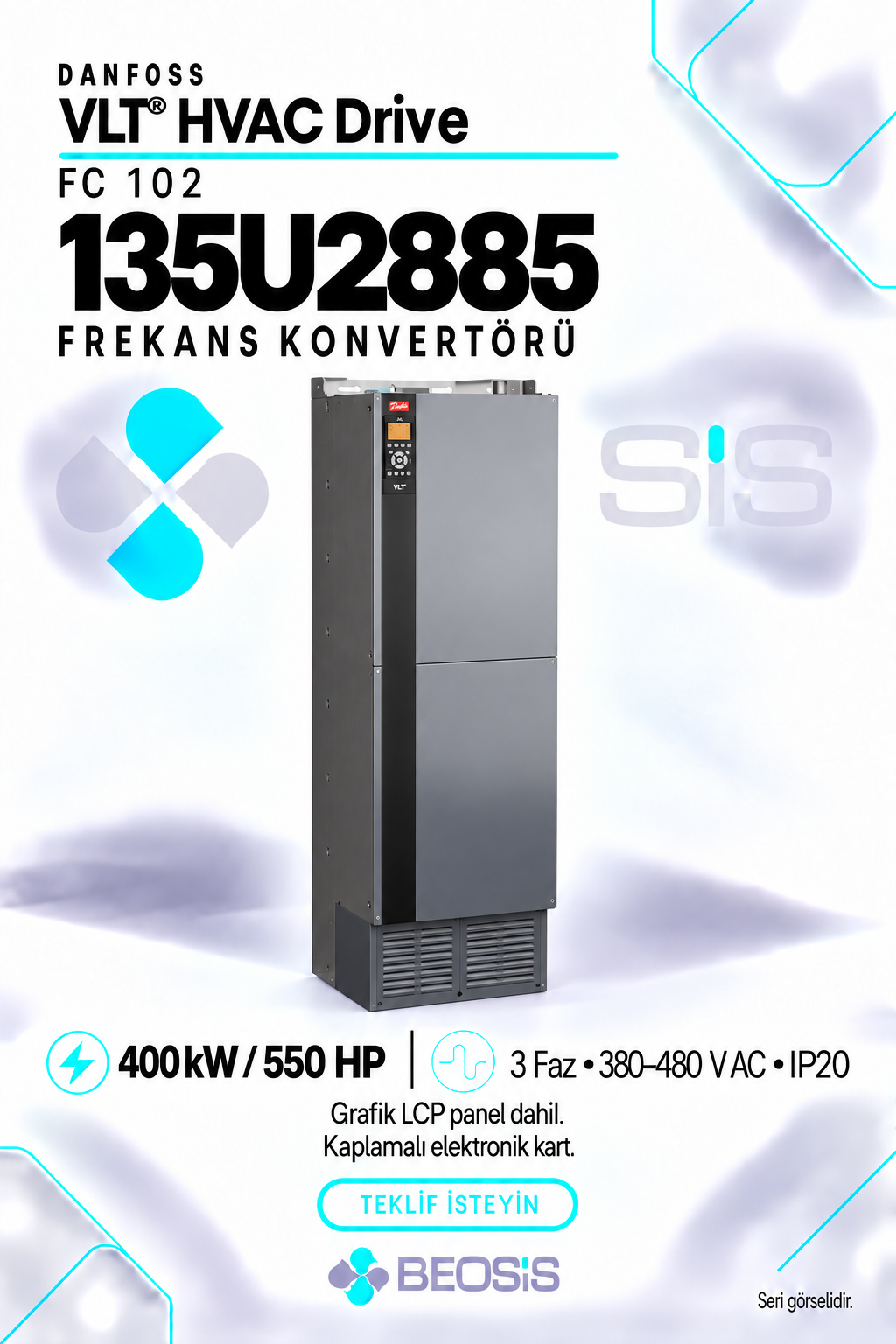 Danfoss 135U2885 VLT HVAC Drive FC 102 400 kW 380–480 V IP20 Grafik Panelli Motor Hız Kontrol Cihazı