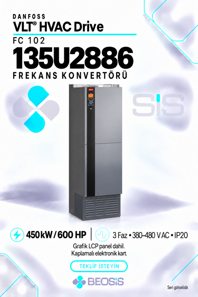 Danfoss 135U2886 VLT HVAC Drive FC 102 450 kW 380–480 V IP20 Grafik Panelli Motor Hız Kontrol Cihazı