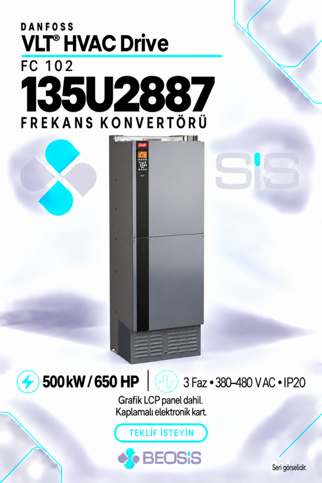 Danfoss 135U2887 VLT HVAC Drive FC 102 500 kW 380–480 V IP20 Grafik Panelli Motor Hız Kontrol Cihazı