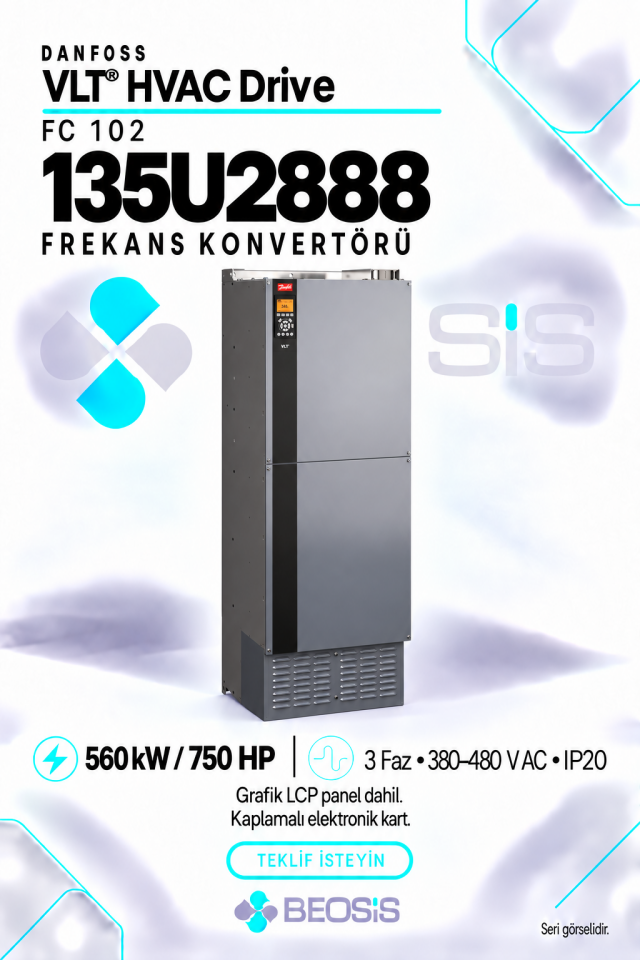 Danfoss 135U2888 VLT HVAC Drive FC 102 560 kW 380–480 V IP20 Grafik Panelli Motor Hız Kontrol Cihazı