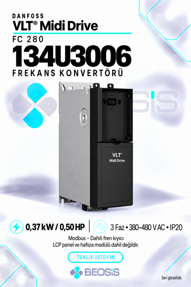 Danfoss 134U3006 VLT Midi Drive FC 280 0,37 kW 380–480 V IP20 Modbus Motor Hız Kontrol Cihazı – Panelsiz