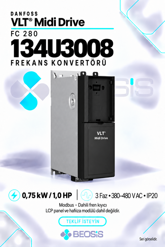 Danfoss 134U3008 VLT Midi Drive FC 280 0,75 kW 380–480 V IP20 Modbus Motor Hız Kontrol Cihazı – Panelsiz