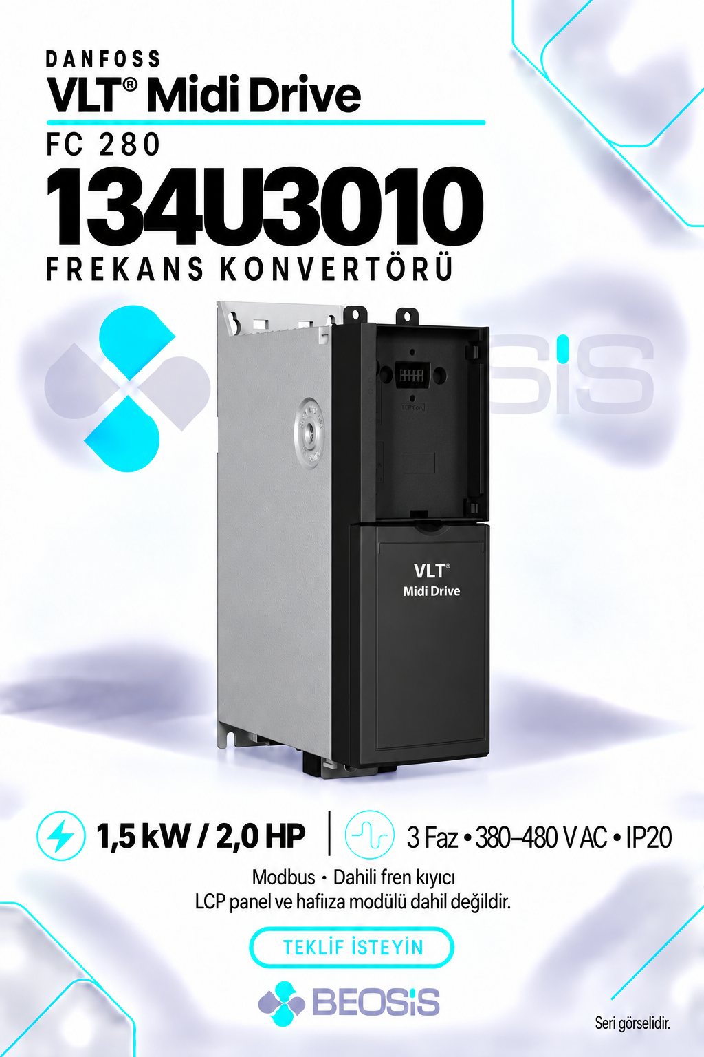 Danfoss 134U3010 VLT Midi Drive FC 280 1,5 kW 380–480 V IP20 Modbus Motor Hız Kontrol Cihazı – Panelsiz