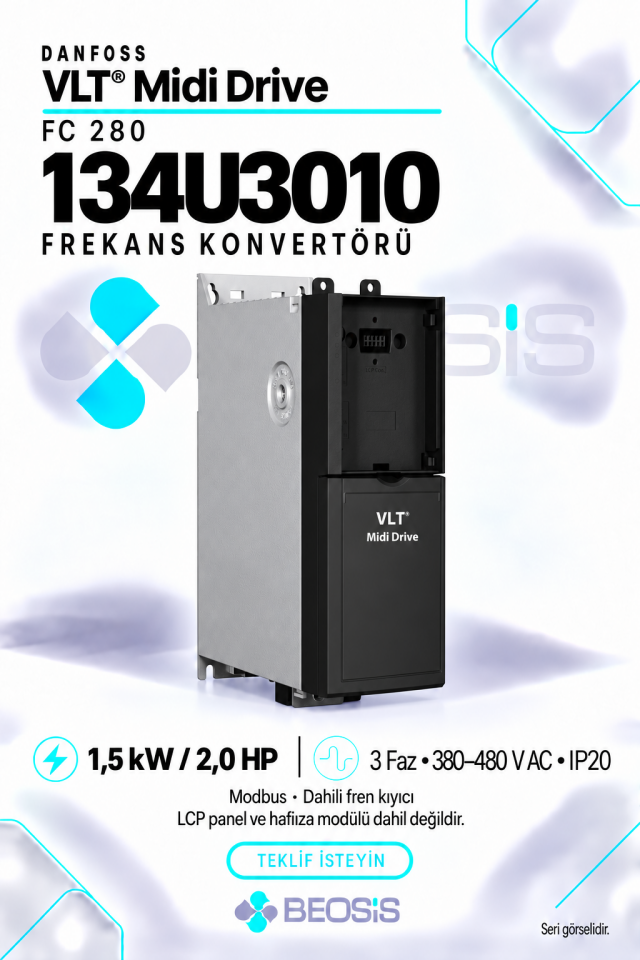 Danfoss 134U3010 VLT Midi Drive FC 280 1,5 kW 380–480 V IP20 Modbus Motor Hız Kontrol Cihazı – Panelsiz