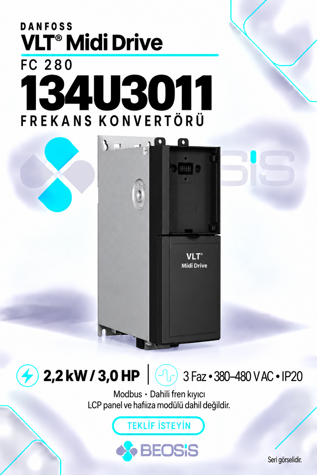 Danfoss 134U3011 VLT Midi Drive FC 280 2,2 kW 380–480 V IP20 Modbus Motor Hız Kontrol Cihazı – Panelsiz