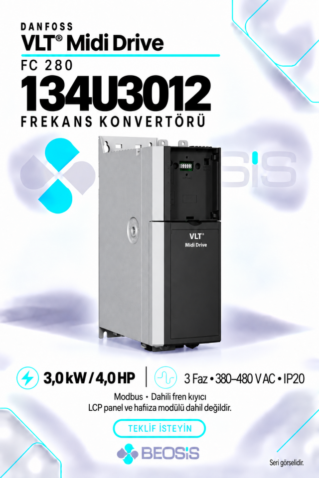 Danfoss 134U3012 VLT Midi Drive FC 280 3 kW 380–480 V IP20 Modbus Motor Hız Kontrol Cihazı – Panelsiz