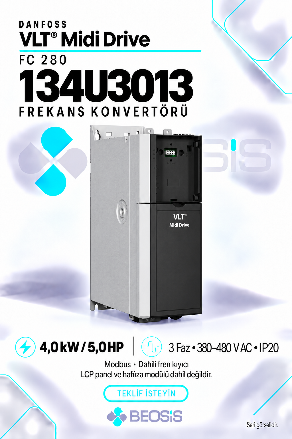Danfoss 134U3013 VLT Midi Drive FC 280 4 kW 380–480 V IP20 Modbus Motor Hız Kontrol Cihazı – Panelsiz