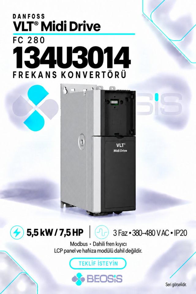 Danfoss 134U3014 VLT Midi Drive FC 280 5,5 kW 380–480 V IP20 Modbus Motor Hız Kontrol Cihazı – Panelsiz