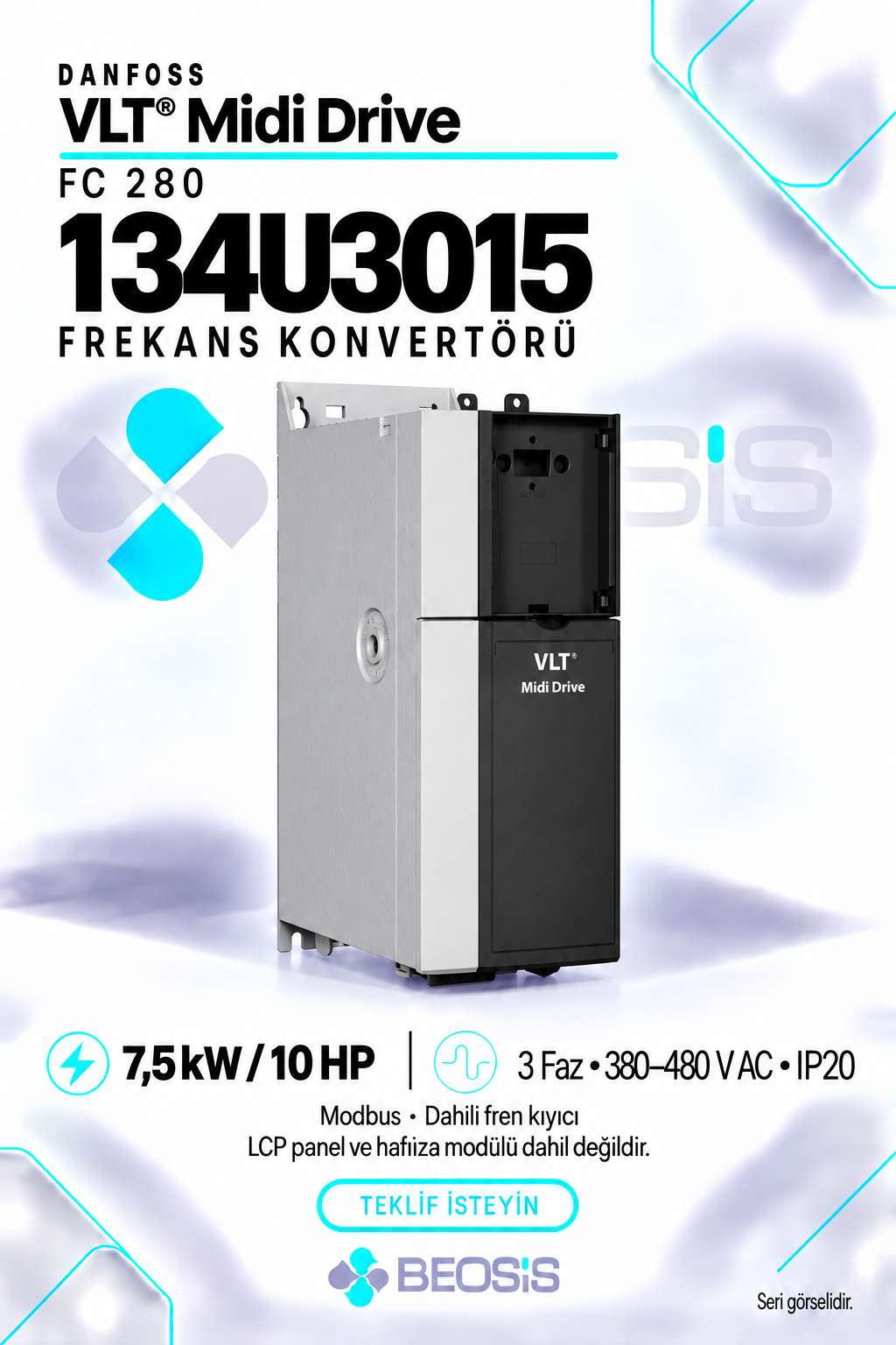Danfoss 134U3015 VLT Midi Drive FC 280 7,5 kW 380–480 V IP20 Modbus Motor Hız Kontrol Cihazı – Panelsiz