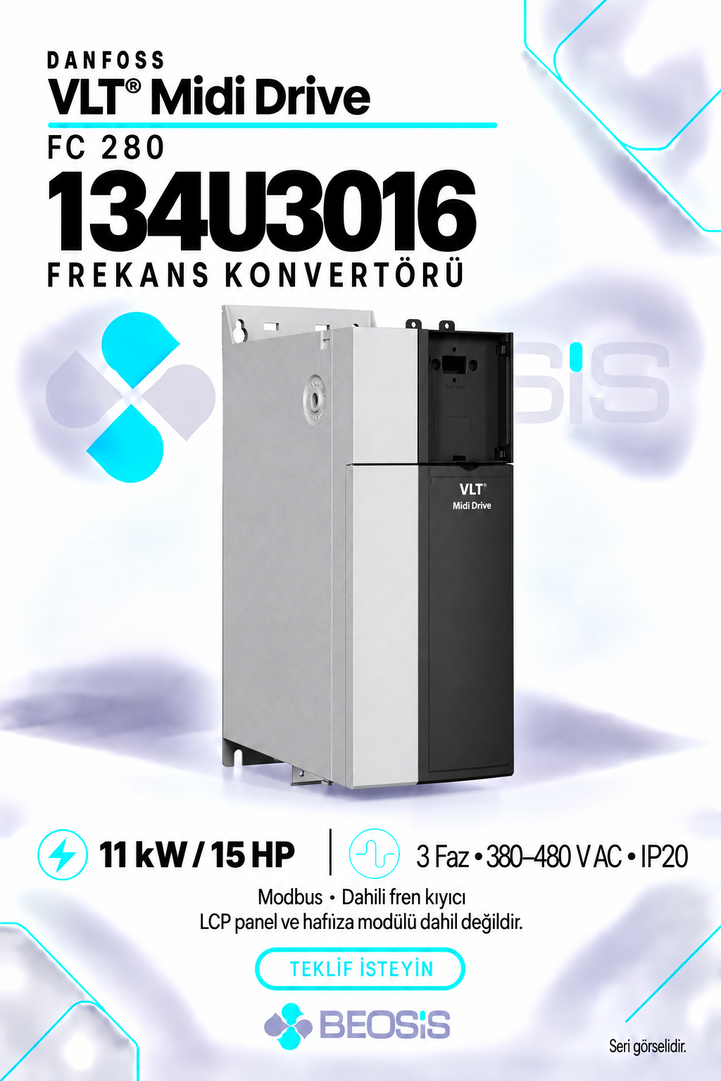Danfoss 134U3016 VLT Midi Drive FC 280 11 kW 380–480 V IP20 Modbus Motor Hız Kontrol Cihazı – Panelsiz