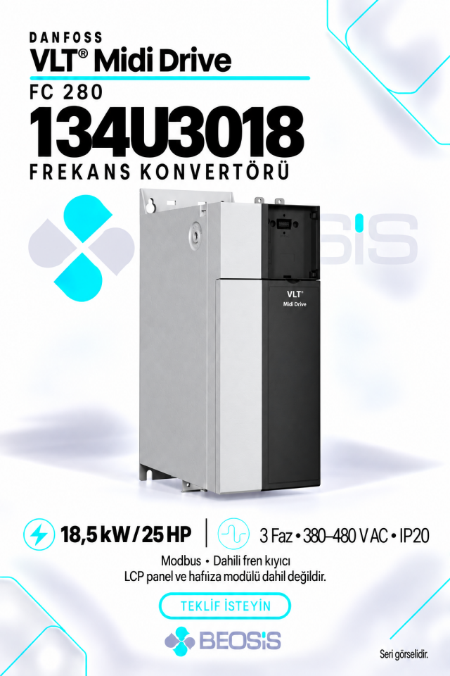 Danfoss 134U3018 VLT Midi Drive FC 280 18,5 kW 380–480 V IP20 Modbus Motor Hız Kontrol Cihazı – Panelsiz