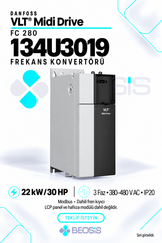 Danfoss 134U3019 VLT Midi Drive FC 280 22 kW 380–480 V IP20 Modbus Motor Hız Kontrol Cihazı – Panelsiz