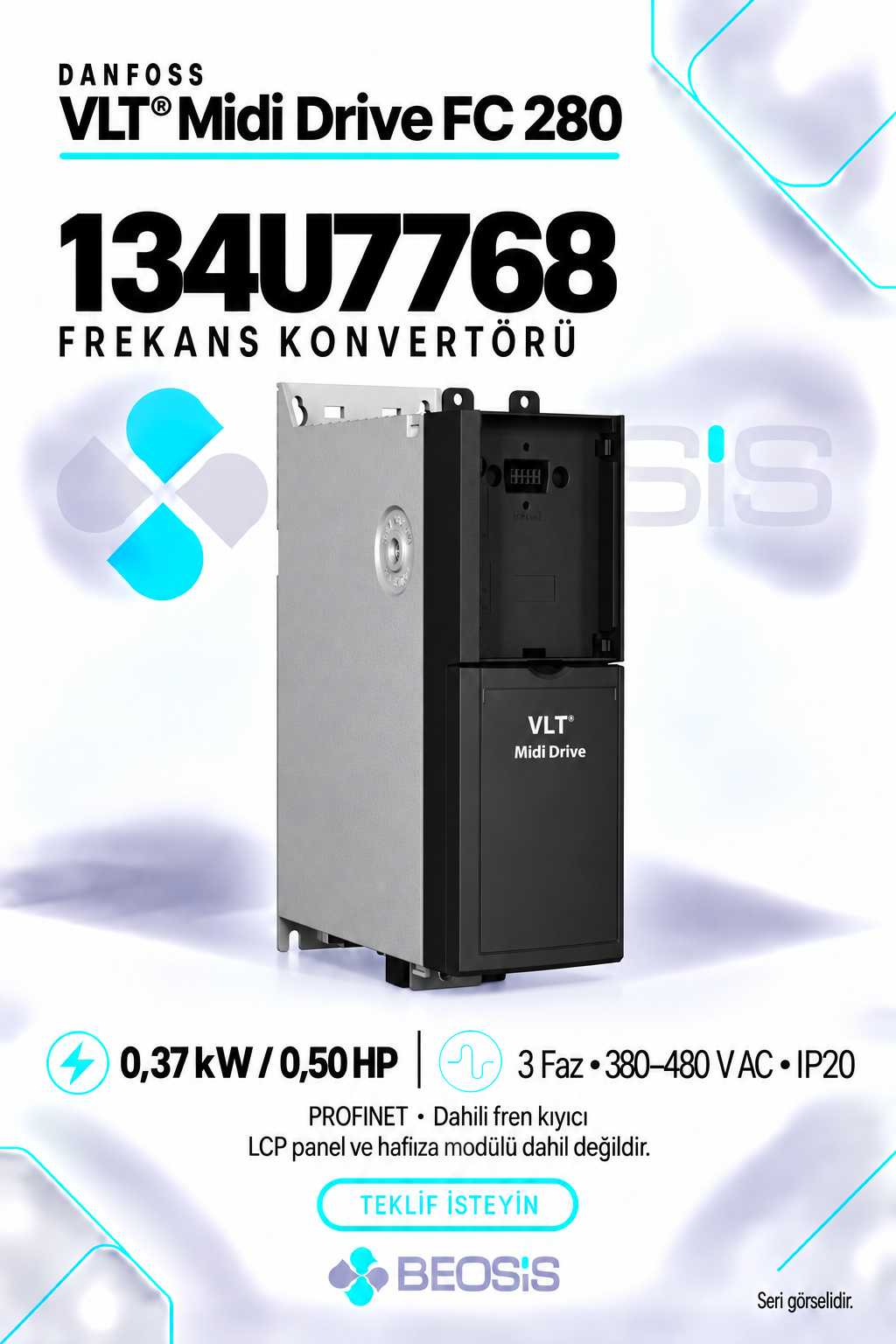 Danfoss 134U7768 VLT Midi Drive FC 280 0,37 kW 380–480 V IP20 PROFINET Motor Hız Kontrol Cihazı – Panelsiz