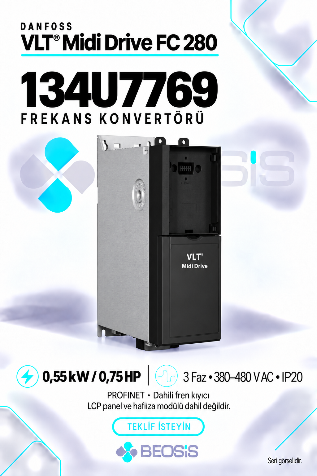 Danfoss 134U7769 VLT Midi Drive FC 280 0,55 kW 380–480 V IP20 PROFINET Motor Hız Kontrol Cihazı – Panelsiz