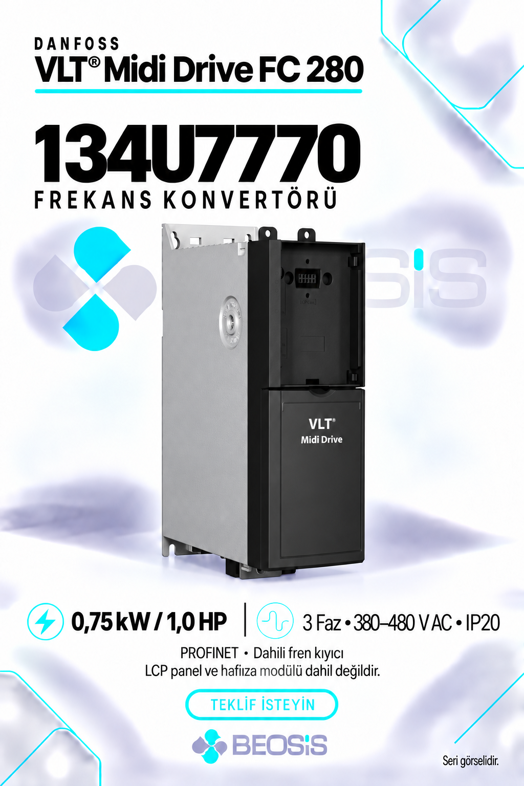 Danfoss 134U7770 VLT Midi Drive FC 280 0,75 kW 380–480 V IP20 PROFINET Motor Hız Kontrol Cihazı – Panelsiz